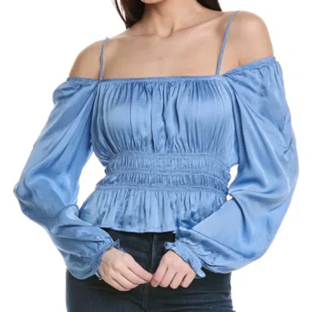 Turquoise (L) Off-Shoulder Smocked Waist Satin Top New w/ Tags